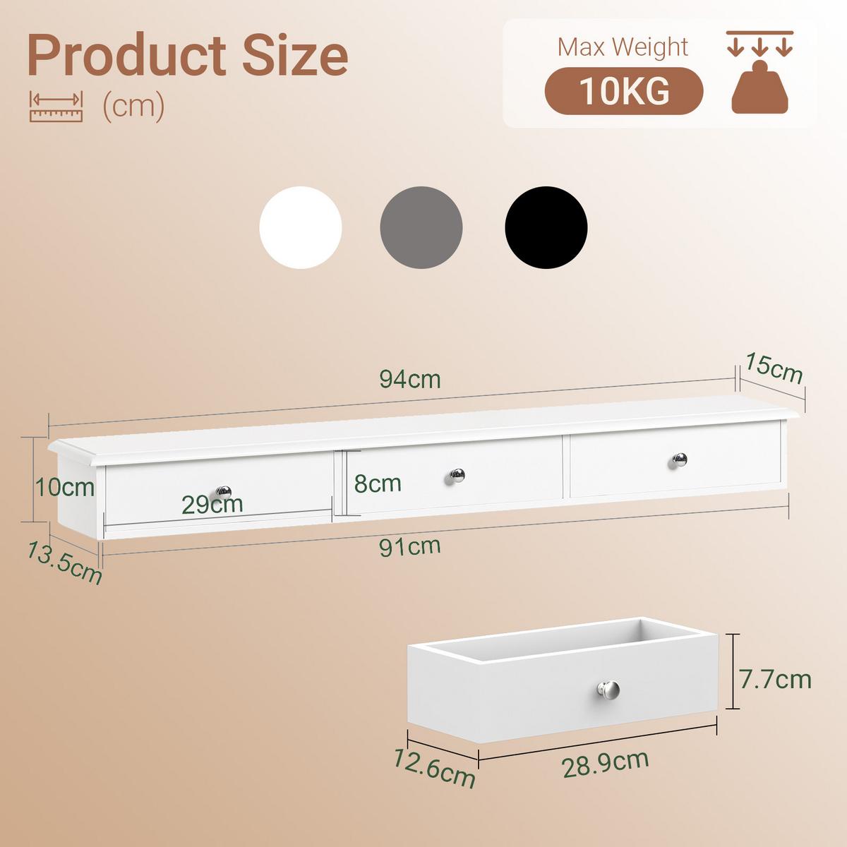 HÄNGESCHRANK Weiß, 94 cm breit, 3 Schubladen, Ablagefläche oben, bis 10 kg, für Flur, Küche & Bad - Weiß, Holzwerkstoff (93/10/15cm) - SoBuy