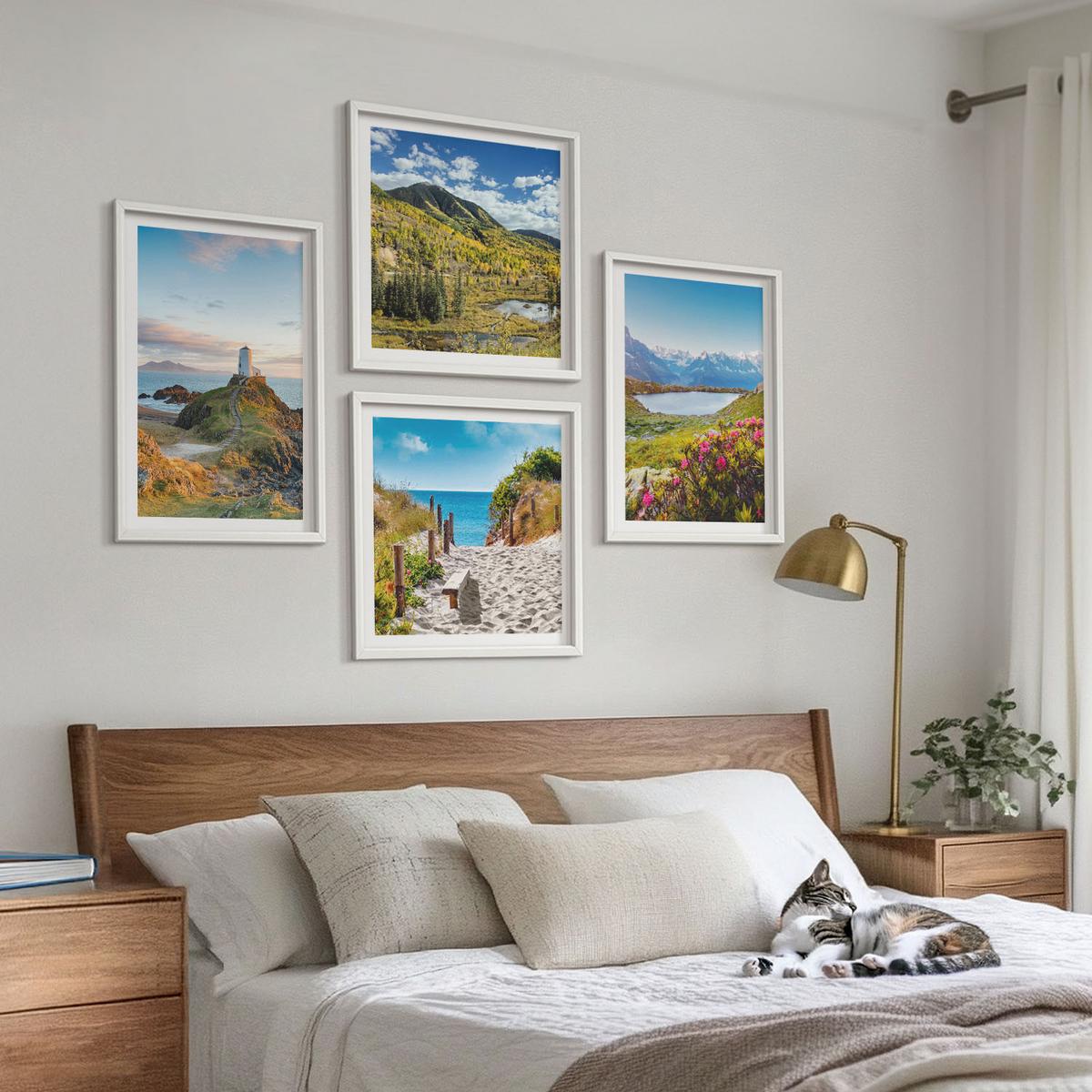 BILDER SET 4er Set - 50x50 cm & 40x60 cm Weißer Rahmen - Strand, Leuchtturm, Berge, Wiesen, Blumen - Weiß, Kunststoff (50/50cm) - TULUP