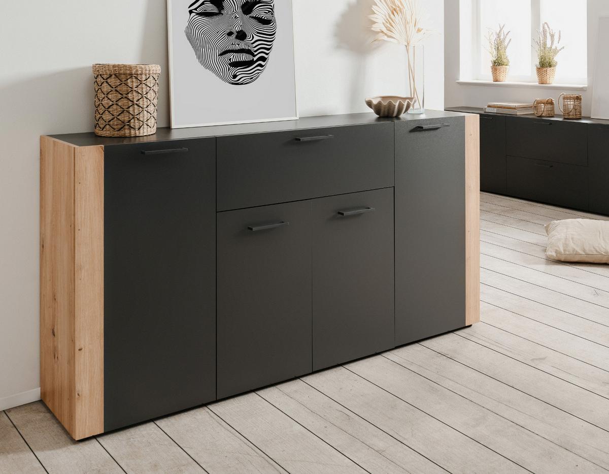 SIDEBOARD grau, Artisan Eiche 162 x 85 cm, Kommode 4-türig - Anthrazit/Schwarz, Holzwerkstoff/Kunststoff (162/85/34.5cm) - Furn.Design