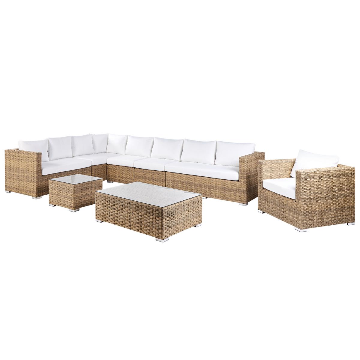 LOUNGE-SET 8-Sitzer hellbraun linksseitig modular Auflagen cremeweiß XXL - Creme, Kunststoff - Beliani