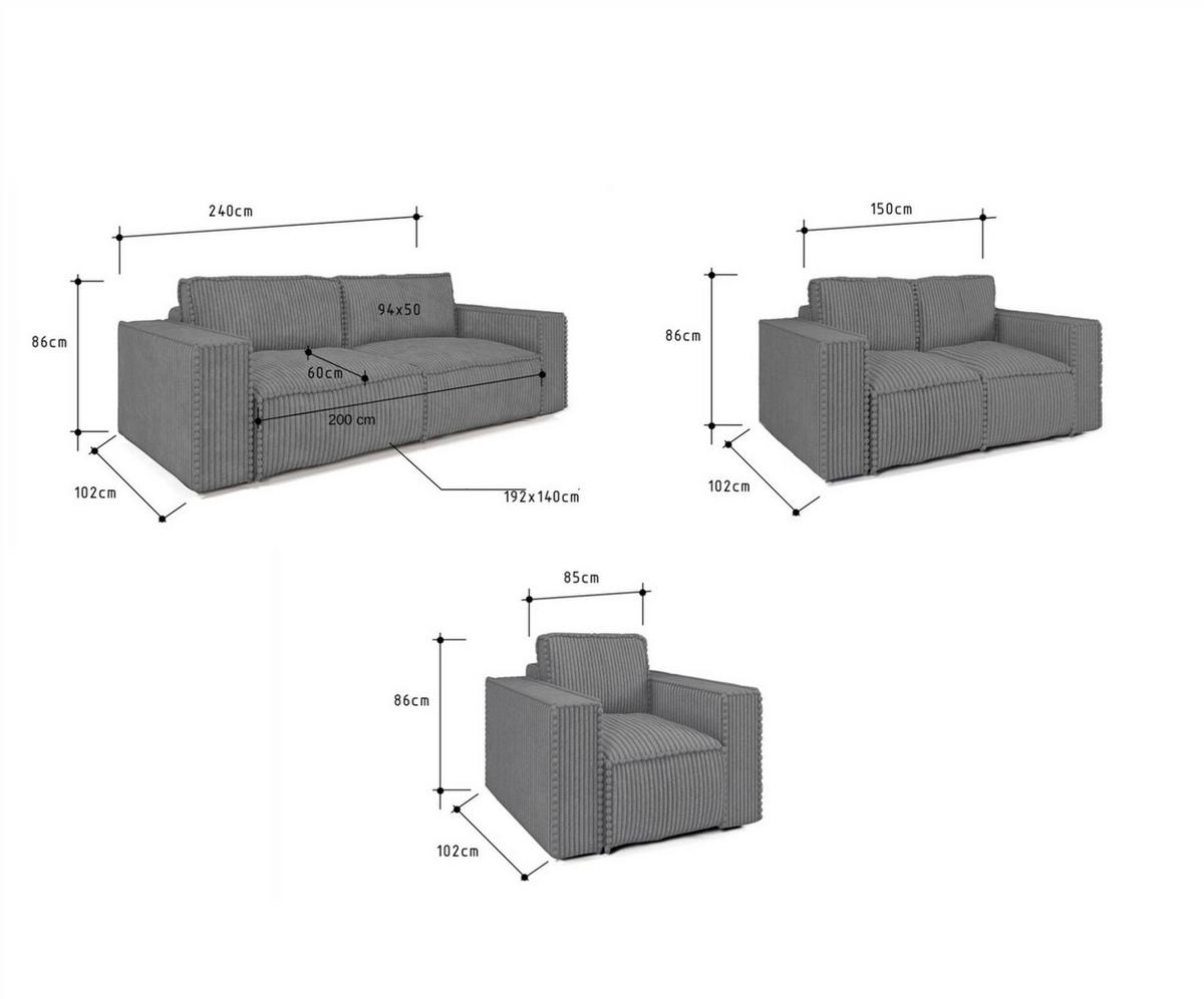 SOFASET Vajana 3-2-1 - Schwarz, Holzwerkstoff/Textil (240/86/102cm) - Fun Möbel