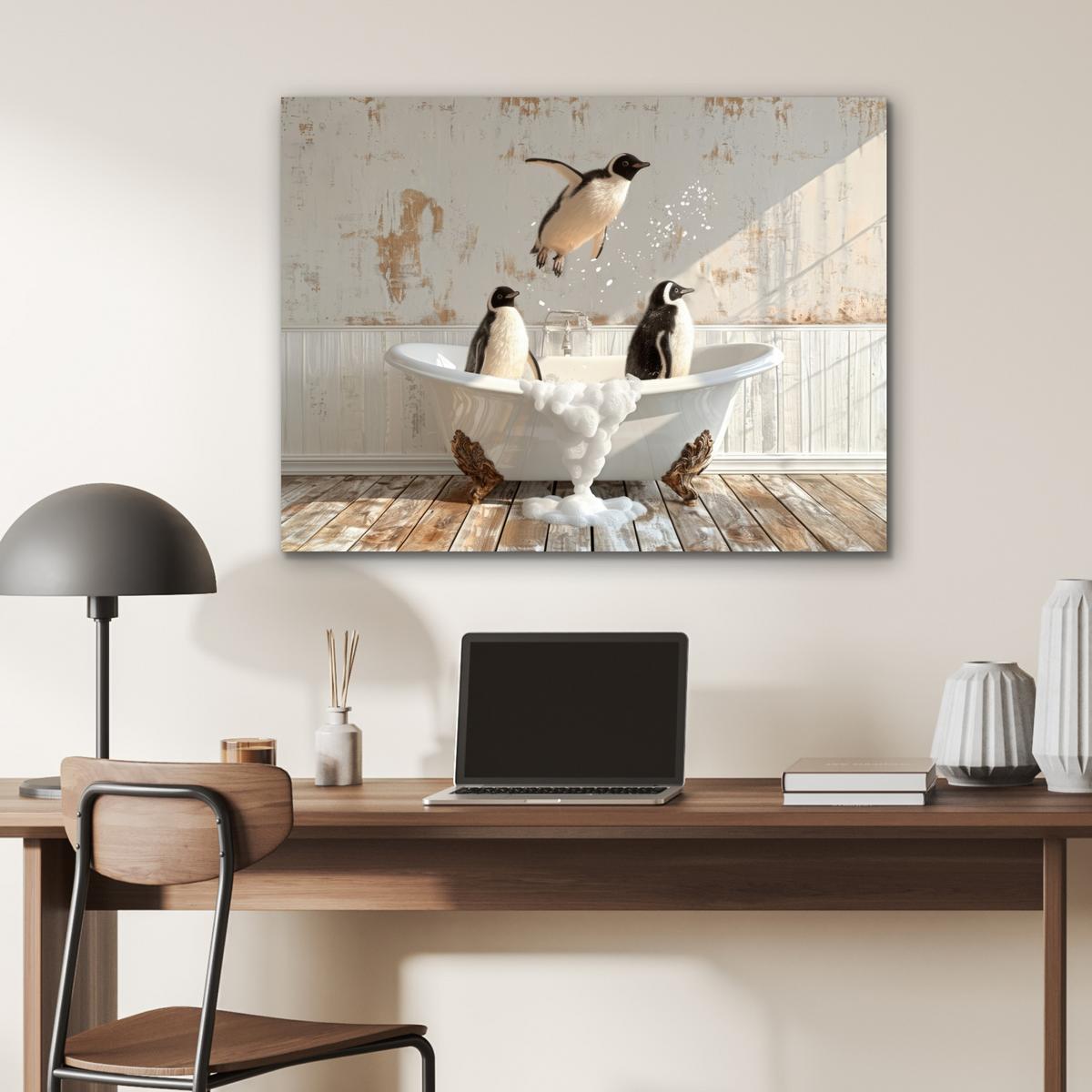 METALLBILD Vintage - Pinguin - Badewanne - Schaumstoff 80x60 cm - Schwarz, Metall (80/60cm) - MuchoWow