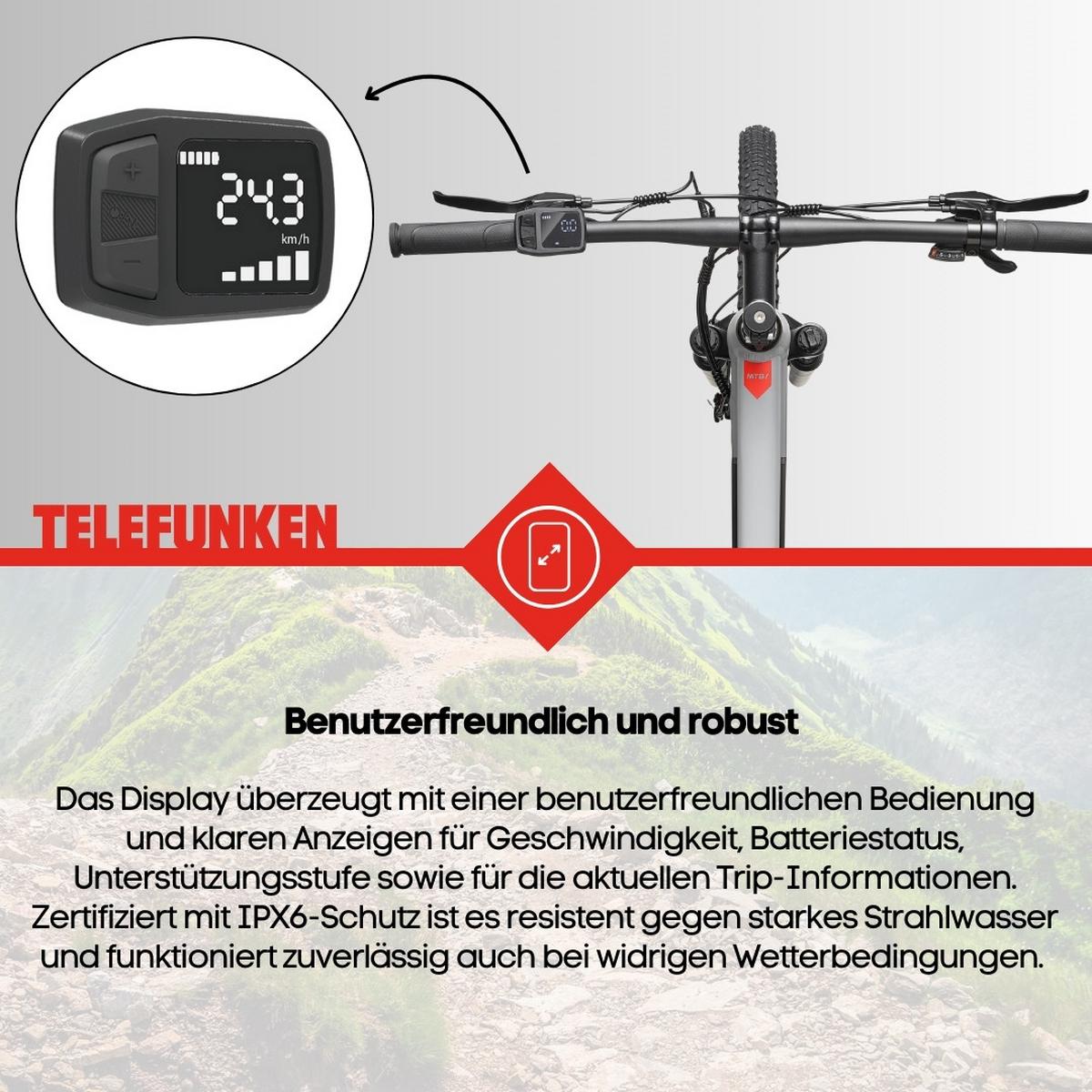 E-BIKE Mountainbike Aufsteiger M921 | Für Damen u. Herren | 468 Wh | Heckmotor | 7-Gang-Kettenschaltung | 29 Zoll - Grau, Metall (114.6cm) - Telefunken