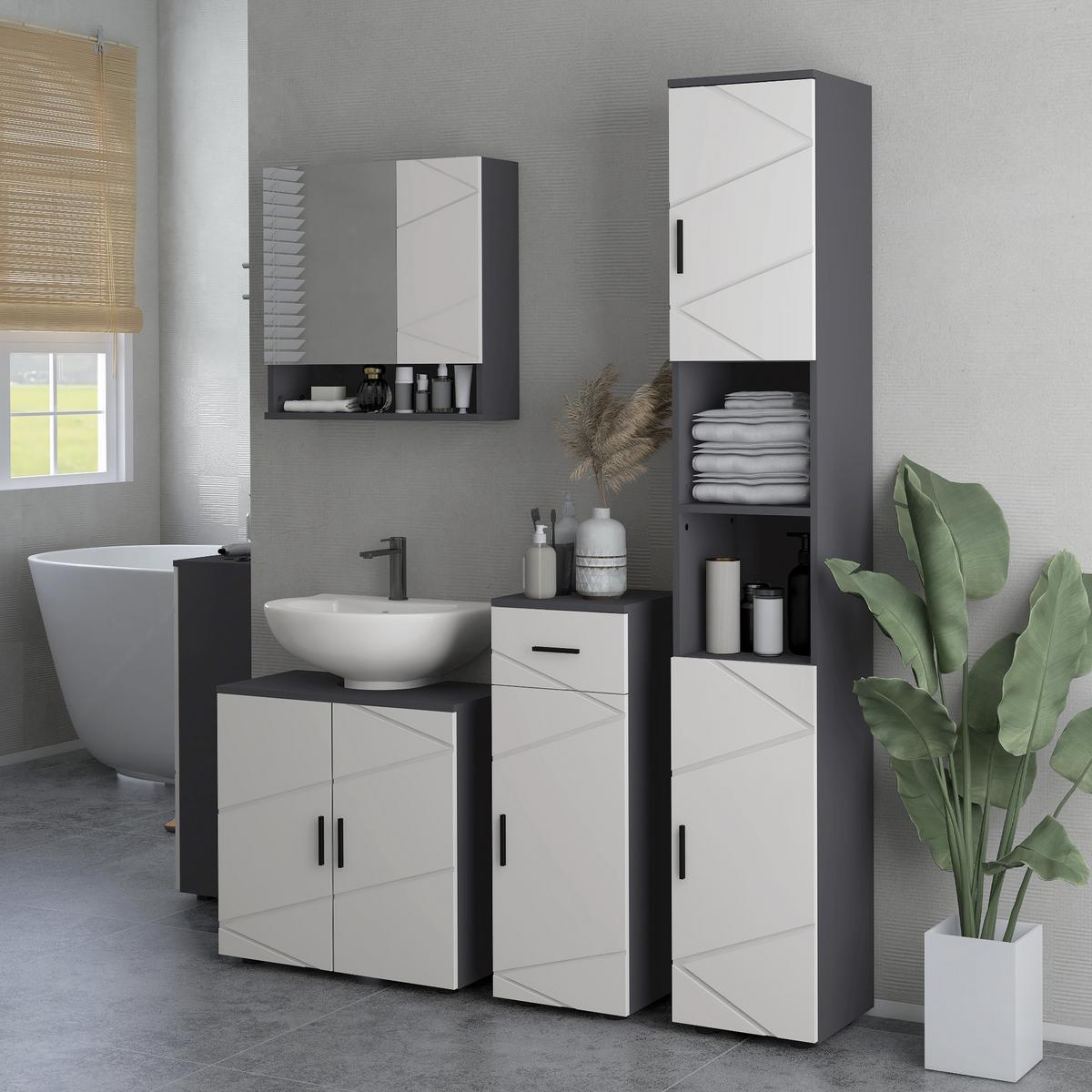 BADEZIMMERSCHRANK schmal, Hochschrank mit Verstellbar Regal, 2 offenen Fächern - Dunkelgrau, Holzwerkstoff (30/183/30cm) - Kleankin