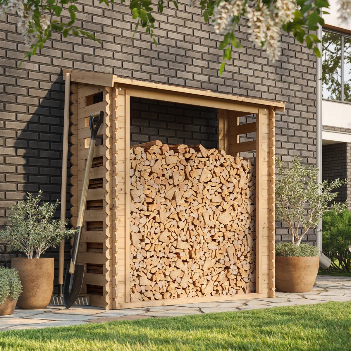 KAMINHOLZREGAL aus Holz 0,97 m², Brennholzunterstand mit Pultdach, ca. 1,75 m³ Brennholzkapazität, 184 x 86 x 200 cm (B x T x H) - Naturfarben, Holz (184/200/86cm) - Timbela