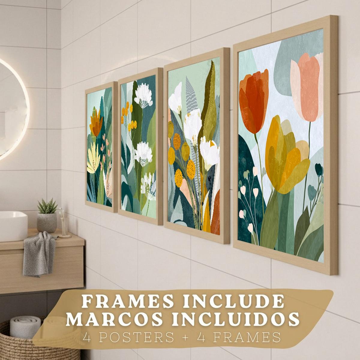 POSTER 4er-Set dekorative Badezimmerdrucke, moderne abstrakte florale Wandposter farbenfrohe nordische Dekoration Leichter Holzrahmen A3 - Beige, Papier (42/29.7/3cm) - Nacnic