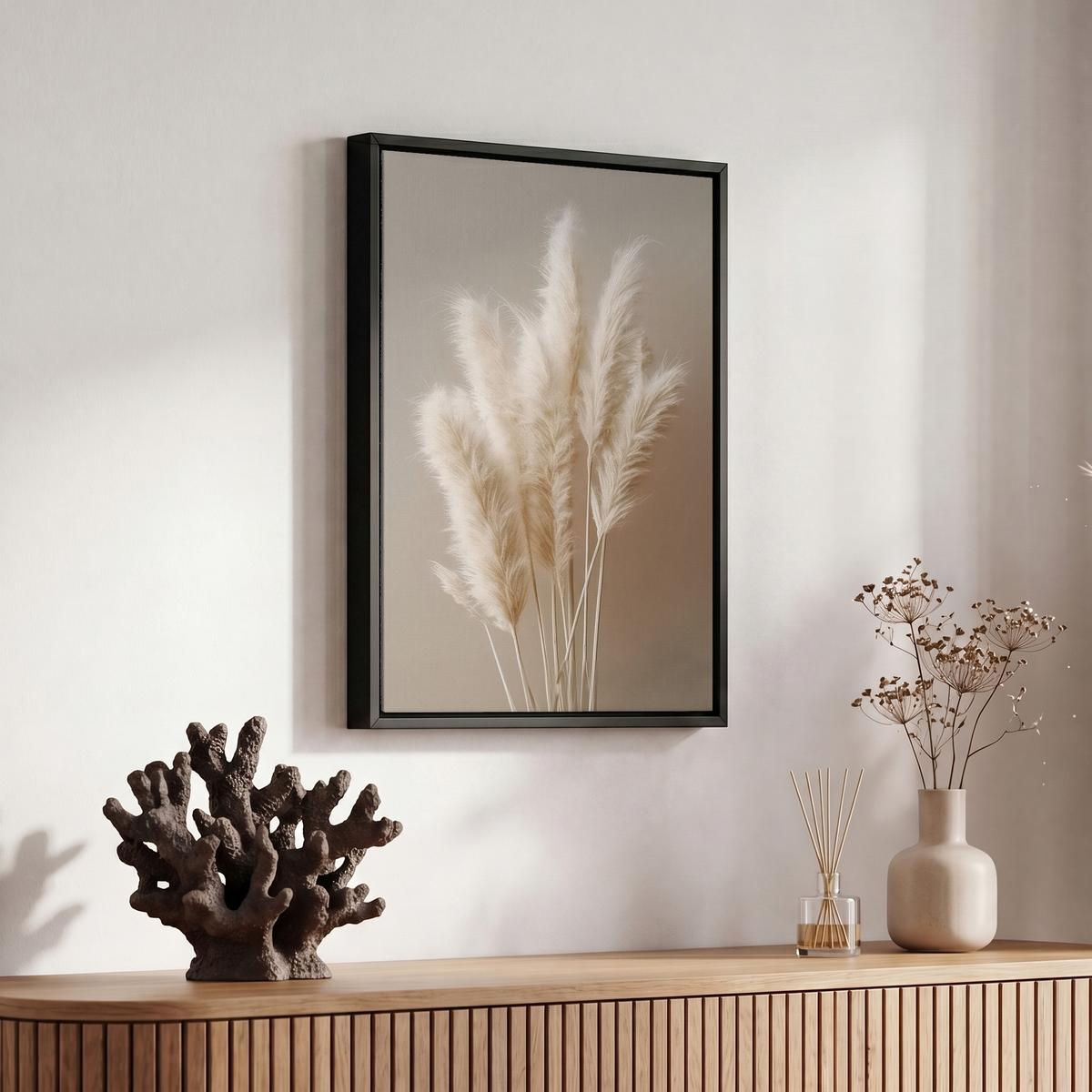 LEINWAND Bilder mit Rahmen - Pampasgras - Federn - Pastell - Weiß - 20x30 - Naturfarben, Textil (20/30cm) - MuchoWow