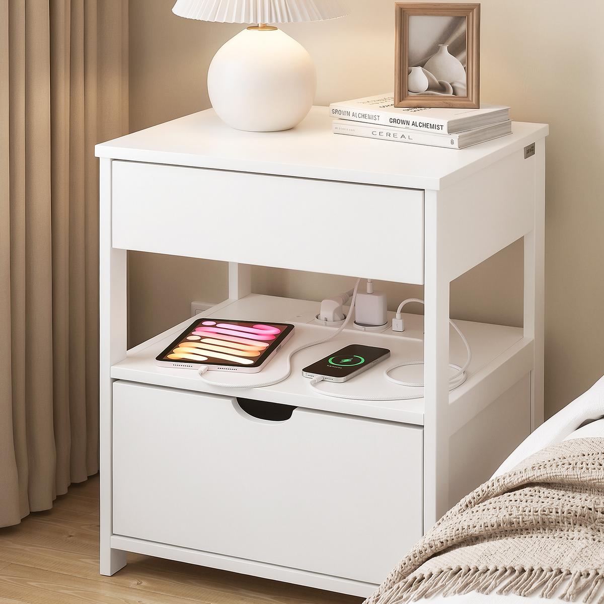 NACHTTISCH mit Ladefunktion FRG258-II-E-W - Ahornfarben, Fell (45/55/38cm) - SoBuy