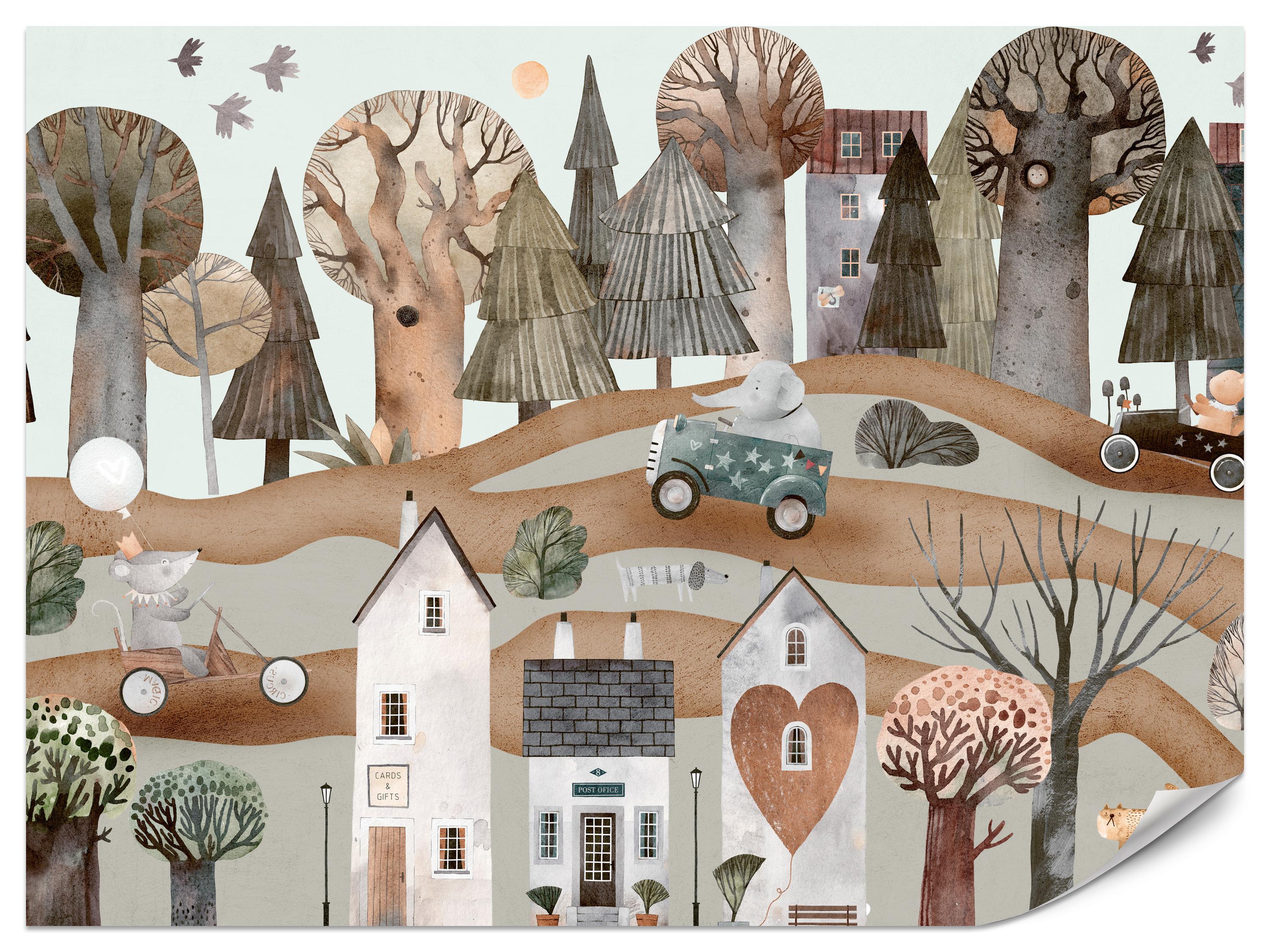 FOTOTAPETE für Kinderzimmer Fantastische Stadt Häuser Wald Tiere Autos 300x210 - Beige/Braun, Papier (300/210cm) - Muralo