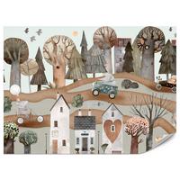 FOTOTAPETE für Kinderzimmer Fantastische Stadt Häuser Wald Tiere Autos 300x210 - Beige/Braun, Papier (300/210cm) - Muralo