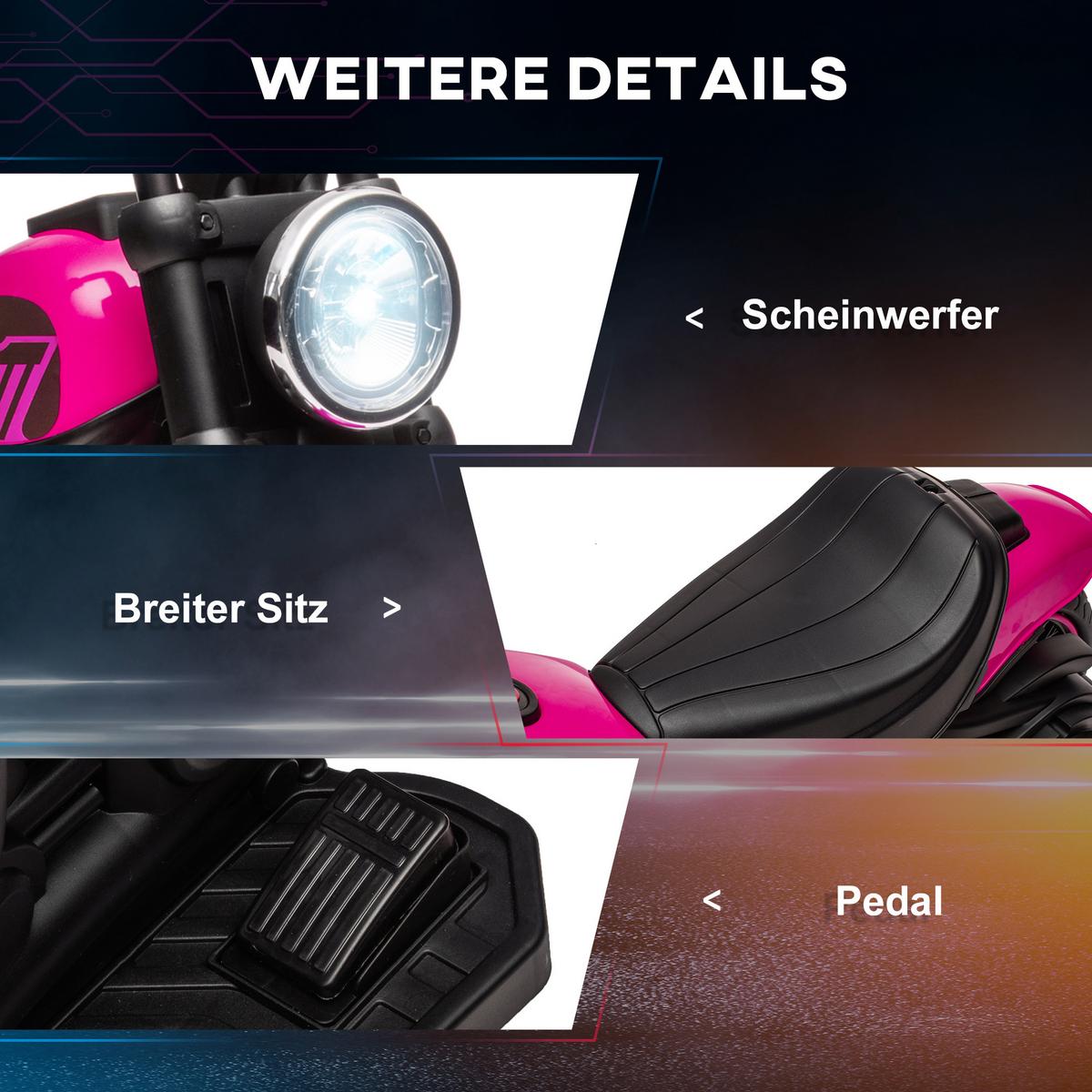 KINDER Elektro-Motorrad Kindermotorrad 6V Kinderfahrzeug für 1,5-3 Jahre Rosa - Rosa, Metall (76/42/57cm) - HOMCOM