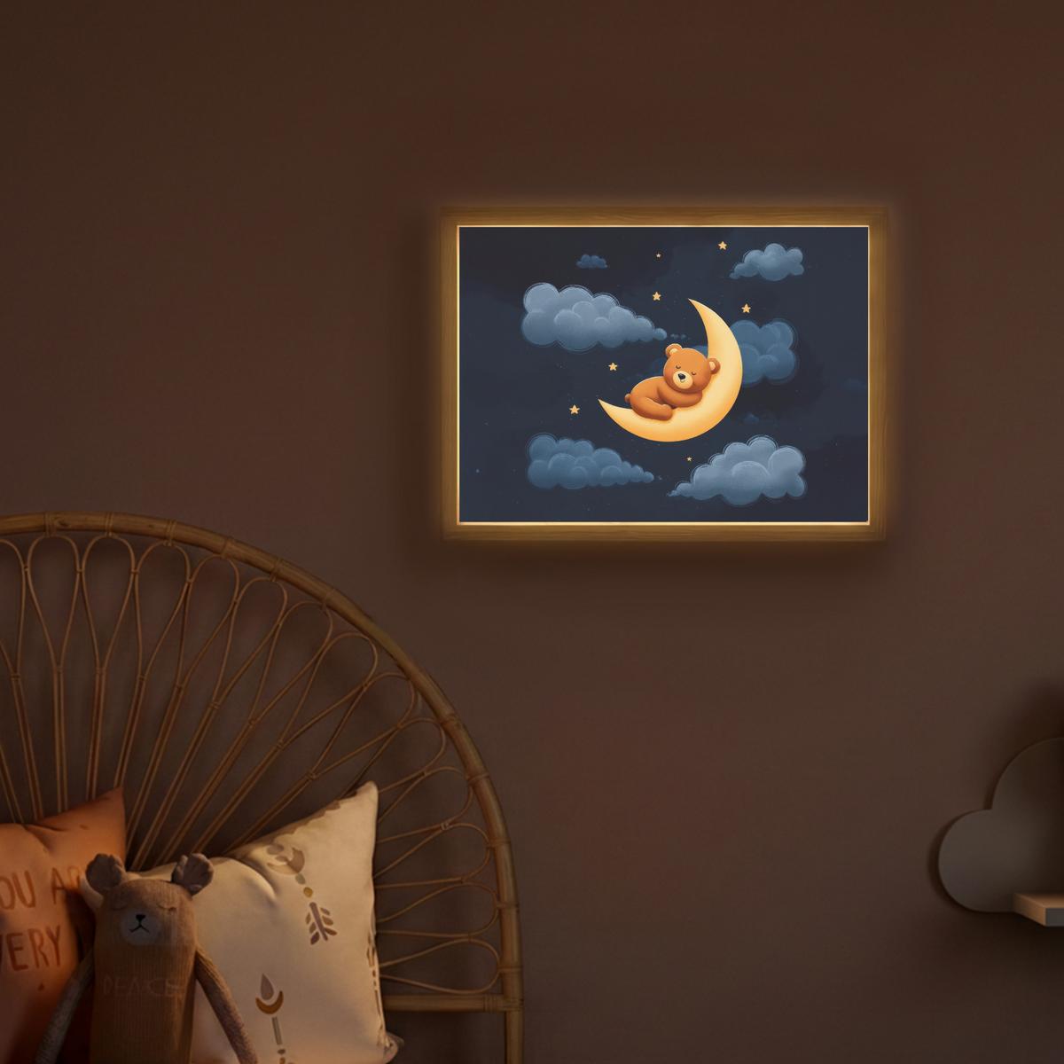 WANDLEUCHTE MIT AKKU Teddybär - Mond - Wolken - Sterne 40x30 cm - Dunkelblau, Holzwerkstoff (40/30/8cm) - OnlyWow