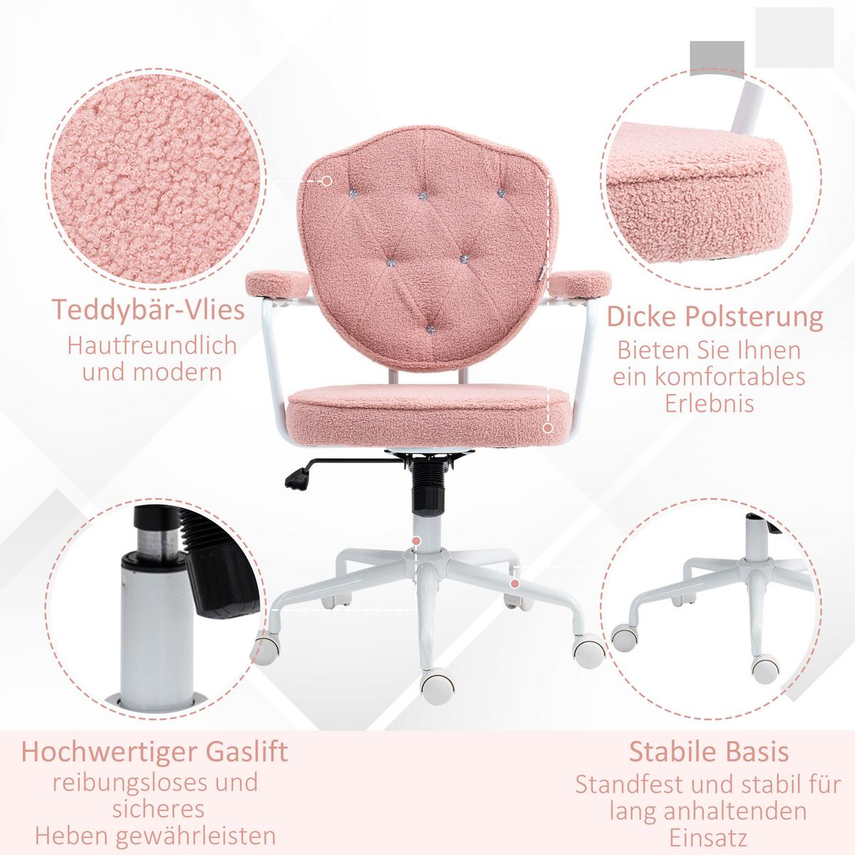 BÜROSTUHL, Ergonomisch Schreibtischstuhl mit Wippfunktion, Drehbar, Rosa - Rosa/Weiß, Kunststoff/Textil (61.5/101/63cm) - HOMCOM
