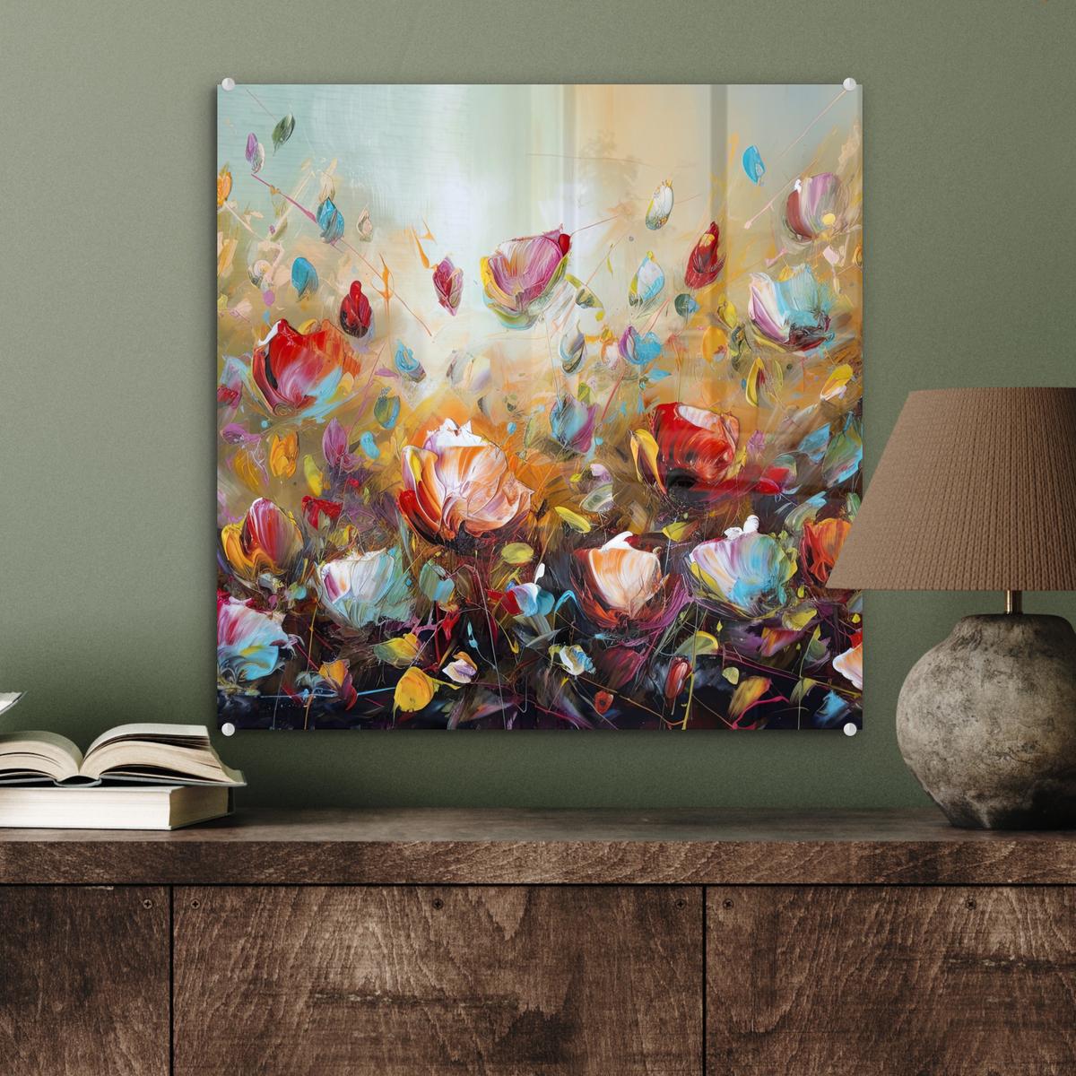 ACRYLGLASBILD Blumen - Kunst - Natur - Ölgemälde 50x50 cm - Multicolor, Glas (50/50cm) - MuchoWow