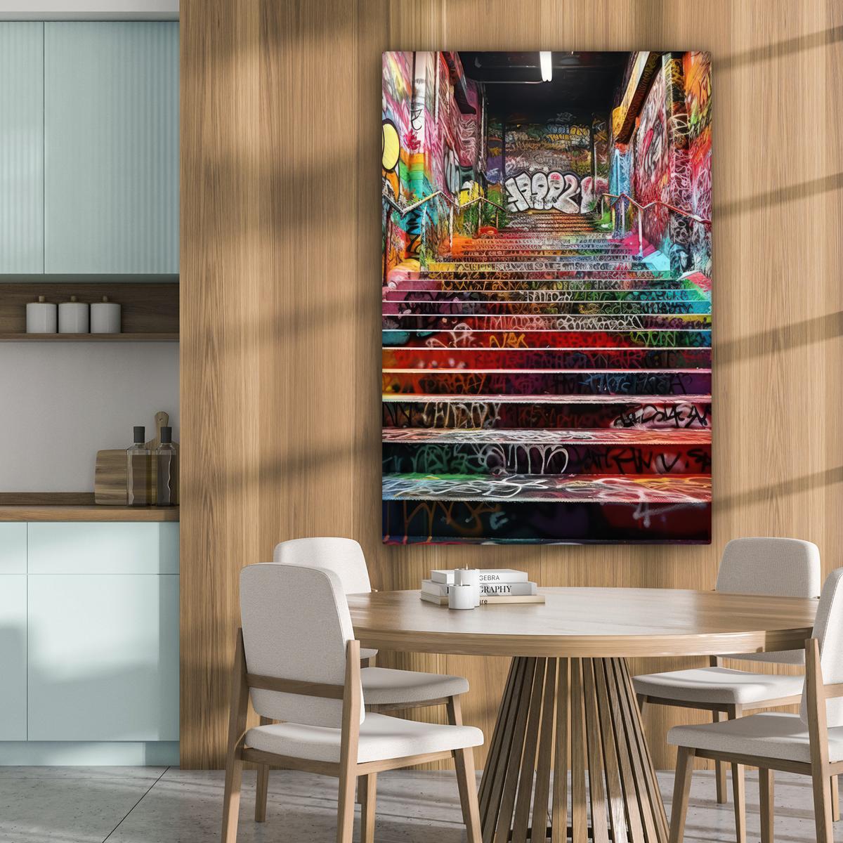 LEINWANDBILD Treppe - Graffiti - Farben - Kunst Deko XXL 80x120 cm - Multicolor, Textil (80/120cm) - MuchoWow