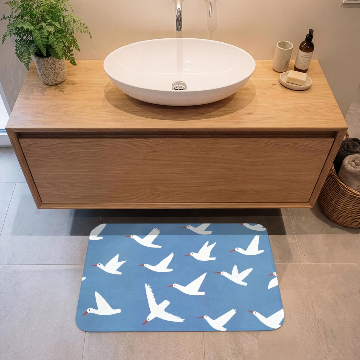 BADEMATTE Vögel - Weiß - Muster 80x50 cm - Blau, Textil (80/50cm) - OnlyWow