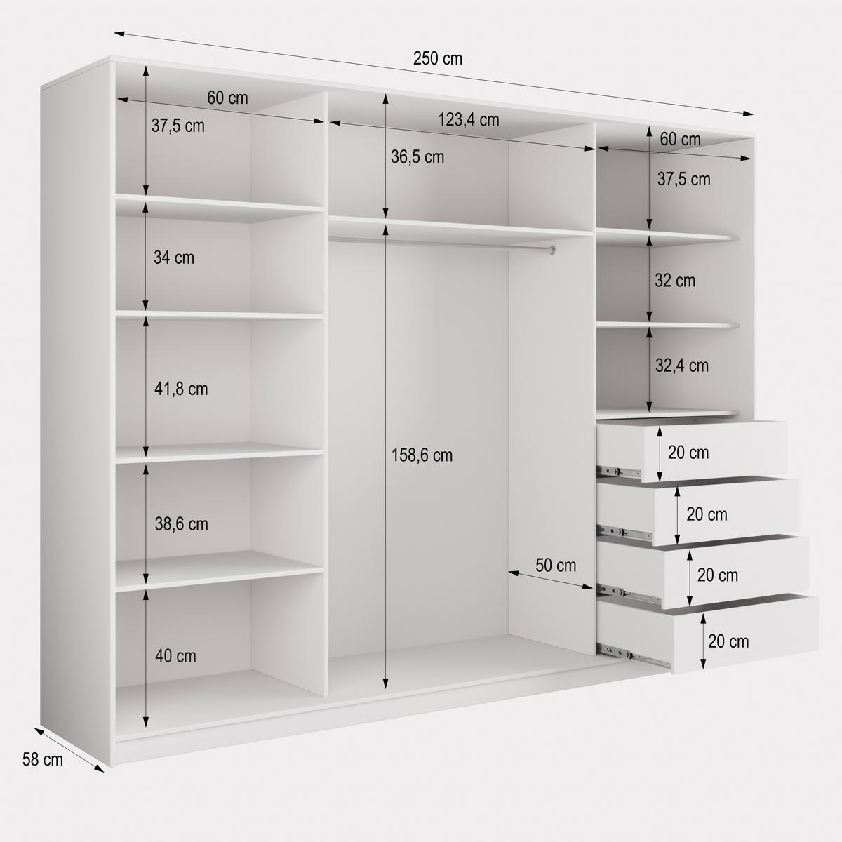 SCHWEBETÜRENSCHRANK TARI 250/205/58 cm 3-türig mit Spiegel und Schubladen Kaschmir - Kaschmir/Schwarz, Holzwerkstoff (250/205/58cm) - MASSENO