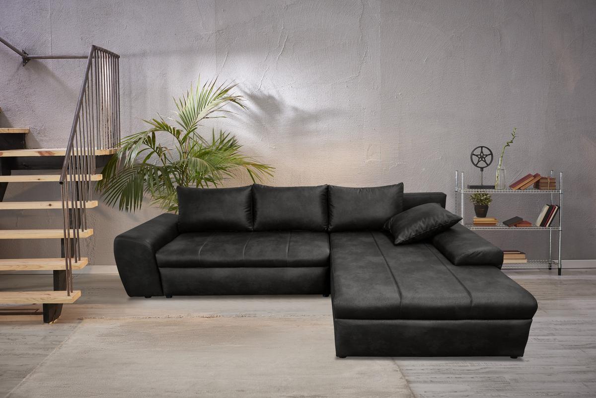 ECKSOFA mit Schlaffunktion, Bettkasten, Wellenunterfederung, Ottomane rechts B266/T186/H90 cm, Mikrofaser Leder-Optik Vintage Schwarz / 18013 - Schwarz, Kunststoff/Textil (266/186cm) - luma-home