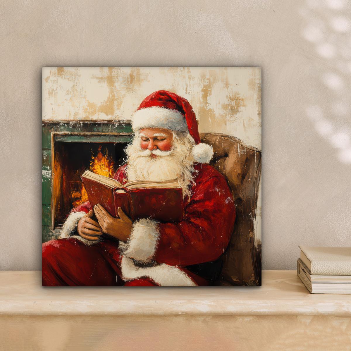 LEINWANDBILD Weihnachten - Weihnachtsmann - Winter - Open Fireside Deko Wohnzimmer 20x20 cm - Dunkelrot, Textil (20/20cm) - MuchoWow
