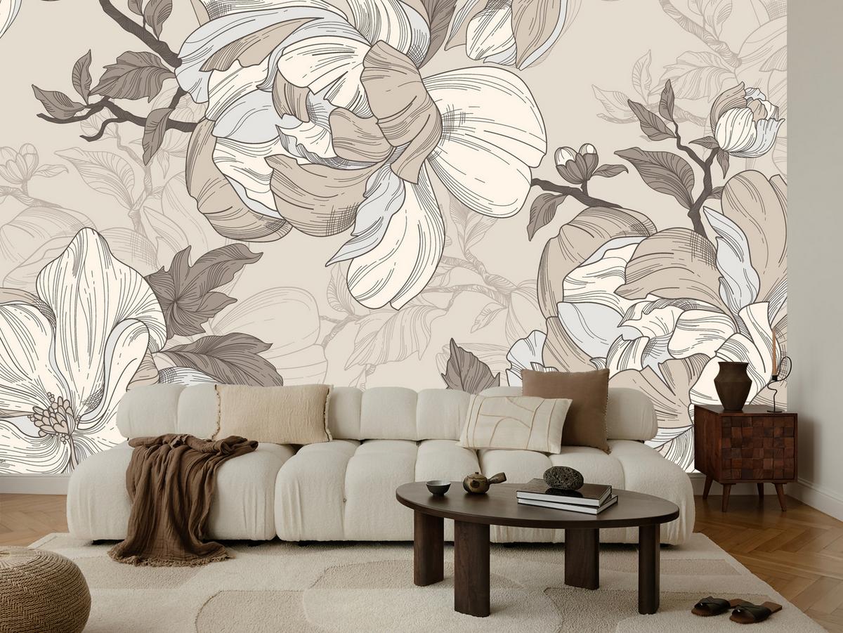 FOTOTAPETE für Wohnzimmer Natur Große Blüten Blätter Pflanzen 100x70 - Beige/Creme, Papier (100/70cm) - Muralo
