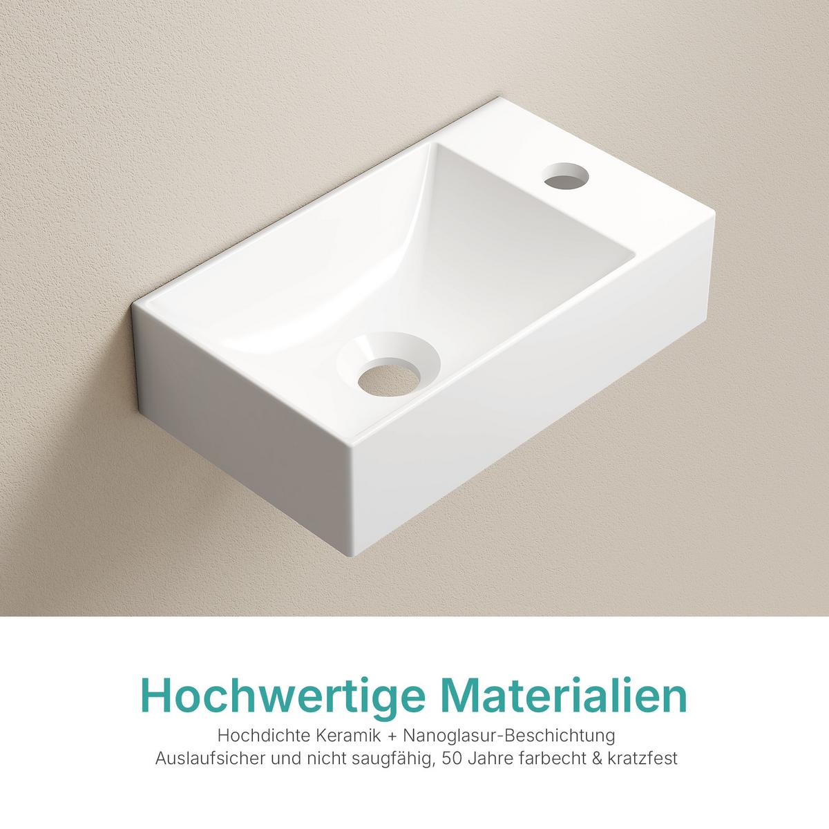 HANDWASCHBECKEN Eck-Wand Hahnloch rechts Weiß 37,7 / 21,8 / 9,9 cm - Weiß, Keramik (38/10/22cm) - EMKE
