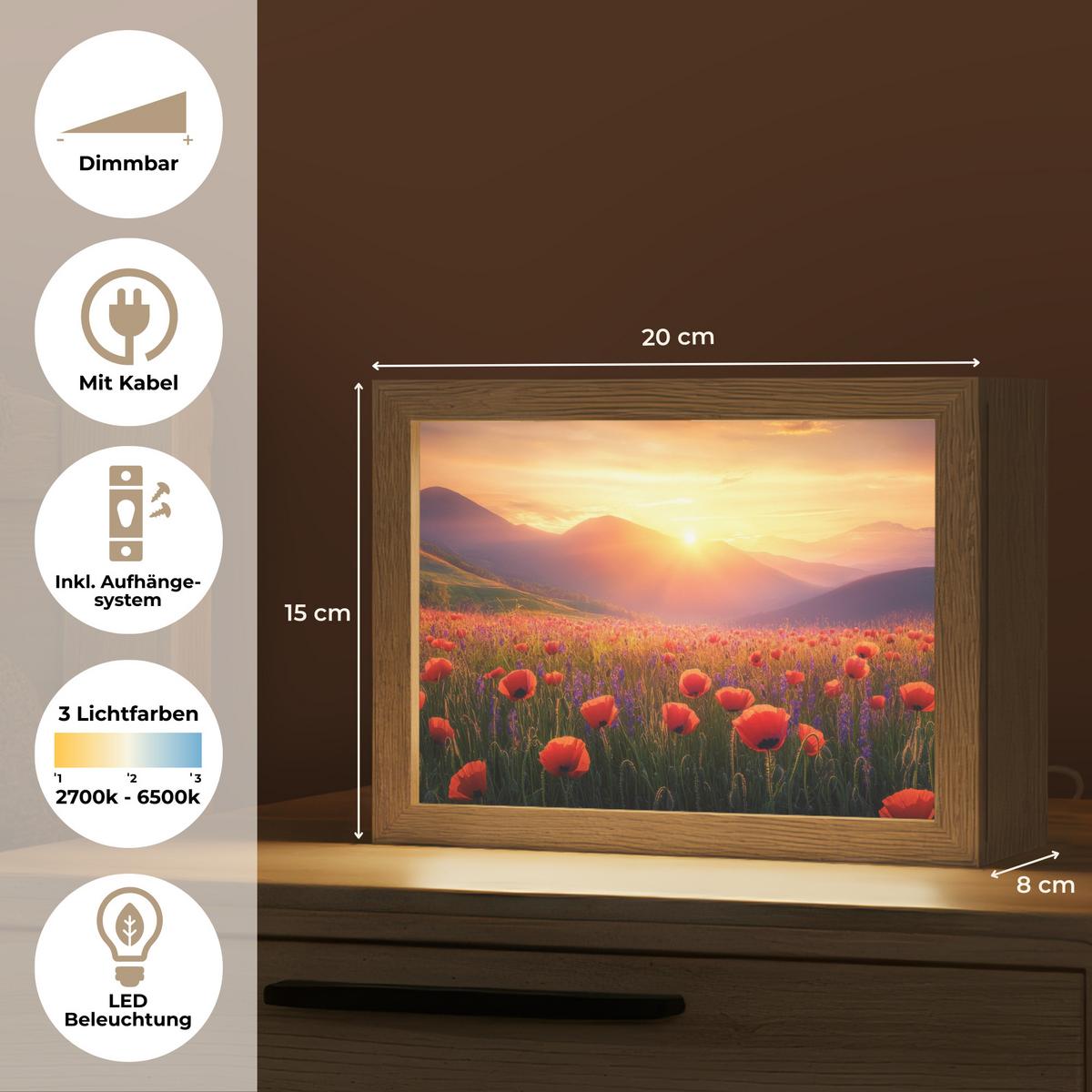 TISCHLEUCHTE Landschaft - Sonnenuntergang - Blumenfeld 20x15 cm - Dunkelblau, Holzwerkstoff (8/20/15cm) - OnlyWow