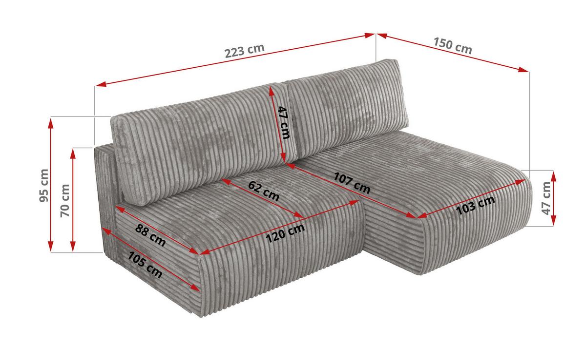 ECKSCHLAFSOFA VIVO L Grau Cord - links - Schwarz/Grau, Kunststoff/Textil (223/150cm) - MKS
