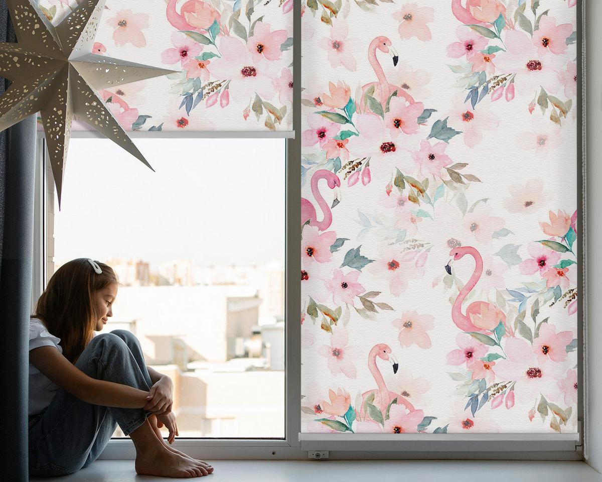 INNENROLLO - Fensterrollo - Rollo - 150x180 cm - Flamingos zwischen den Blumen - Pink, Kunststoff (150/180/0.5cm) - TULUP