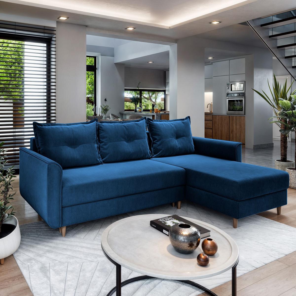 ECKSOFA PISAN R-S Blau Plüsch-Stoff mit Schlaffunktion - Blau/Braun, Holz/Textil (220/140cm) - MASSENO
