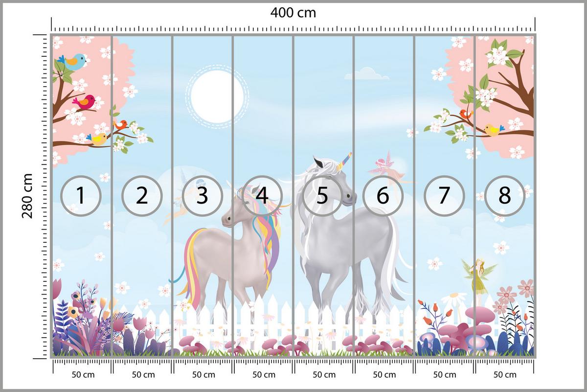 FOTOTAPETE für Kinderzimmer Einhörner Wiese Vögel Bäume Blumen 400x280 - Multicolor, Papier (400/280cm) - Muralo