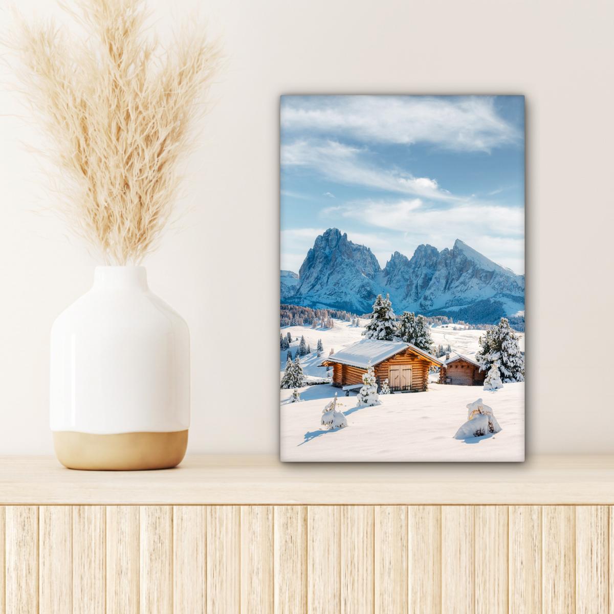LEINWANDBILD Winter - Hütte - Berge - Aussicht - Schnee Deko Wohnzimmer 20x30 cm - Eichefarben, Textil (20/30cm) - MuchoWow