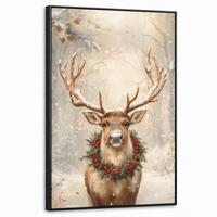 LEINWAND Bilder mit Rahmen - Weihnachten - Rentier - Winter - Kranz - 60x90 - Naturfarben, Textil (60/90cm) - MuchoWow