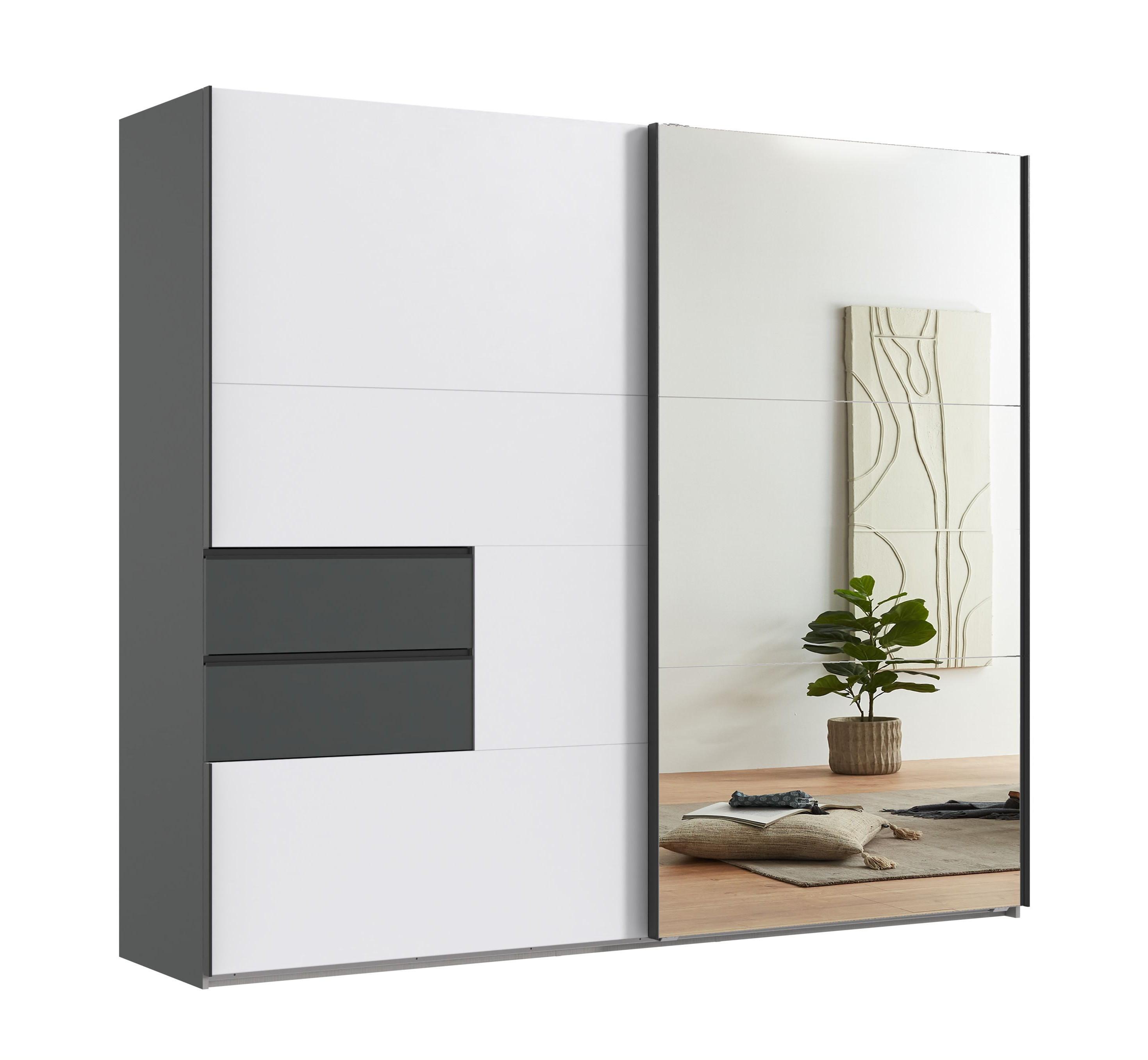 SCHWEBETÜRENSCHRANK 2-türig B250/H216/T65 cm, Korpus & Schubladen Grafit, Türen Weiß / Spiegel, Kleiderschrank inkl. Vollausstattung / 22050 - Bordeaux/Graphitfarben, Holzwerkstoff/Metall (250/216/65cm) - luma-home