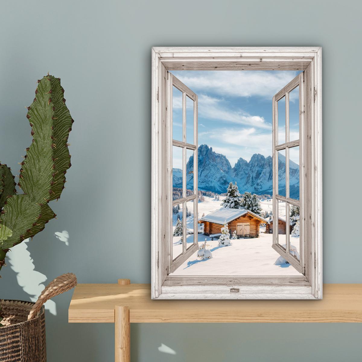 LEINWANDBILD Winterlandschaft - Hütte - Berge - Ausblicke - Aussicht - Natur Deko Wohnzimmer 20x30 cm - Weiß Hochglanz, Textil (20/30cm) - MuchoWow