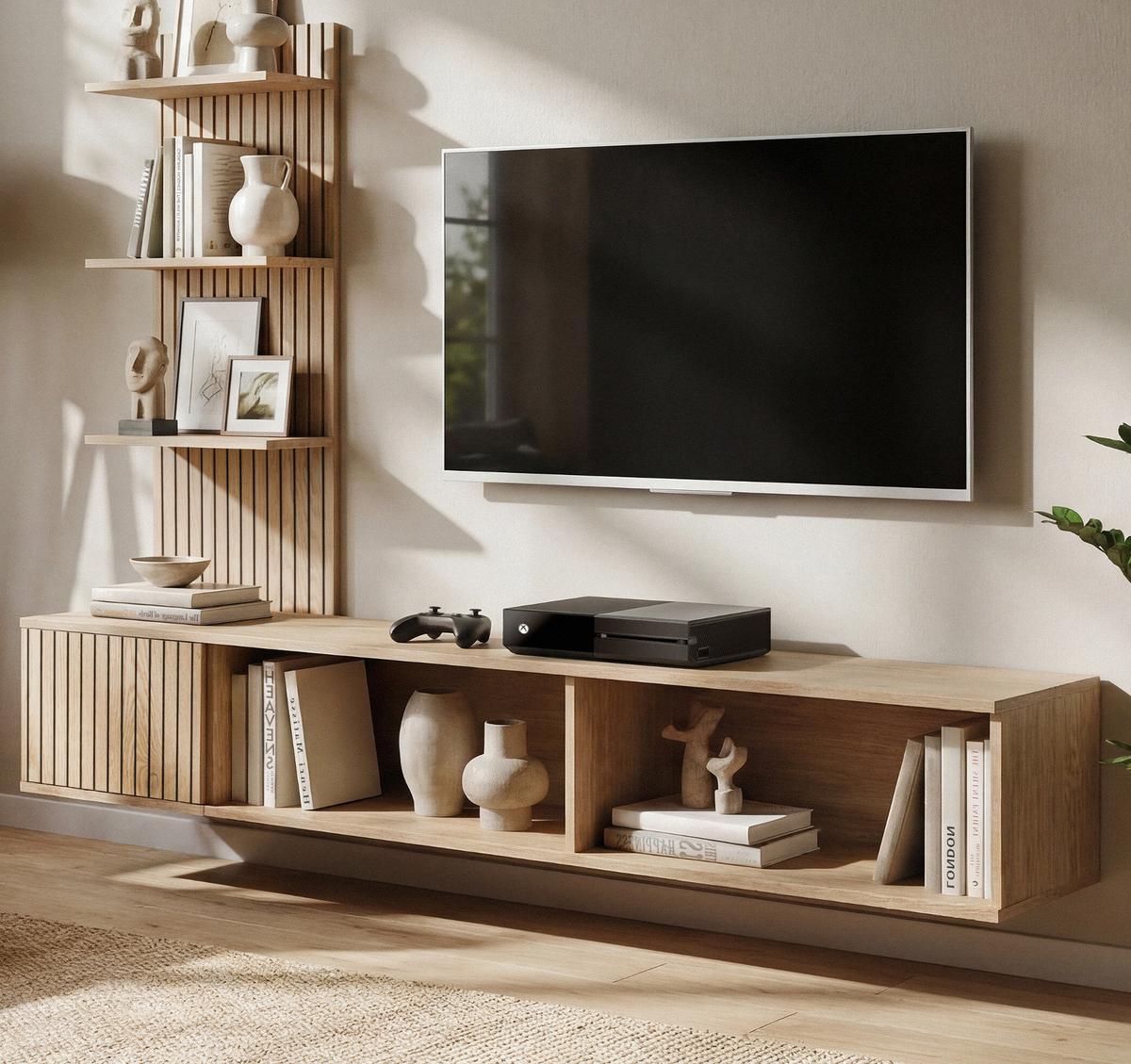 TV-LOWBOARD Cremona Eiche Leistenoptik 180 cm hängend, TV Unterschrank Set mit Paneel und Regal - Eichefarben, Holzwerkstoff (180/130/40cm) - Inn.Furn