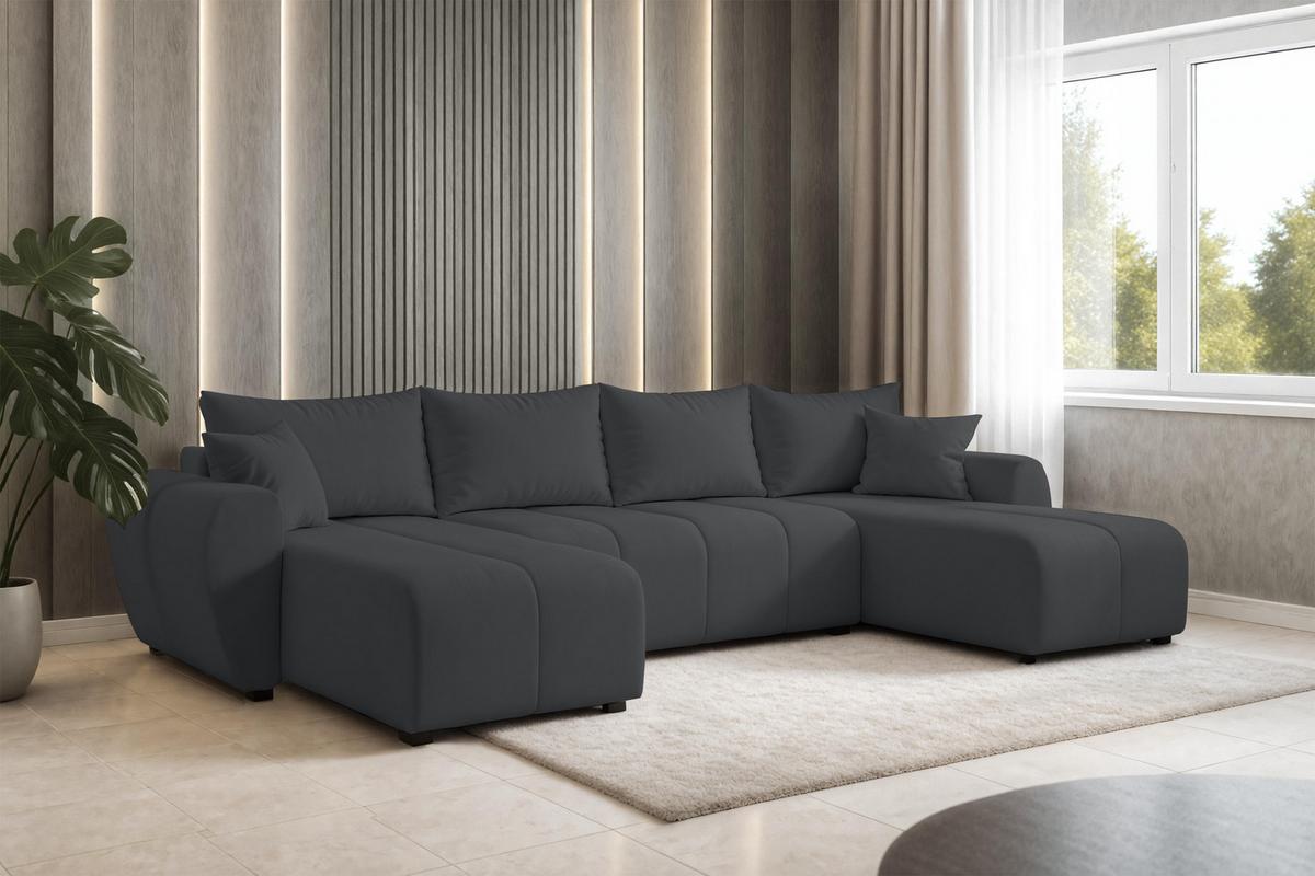 WOHNLANDSCHAFT Malatya U Form Dunkelgrau 311/145/80 cm mit Schlaffunktion - Dunkelgrau/Schwarz, Kunststoff/Textil (311/80/145cm) - AX Living