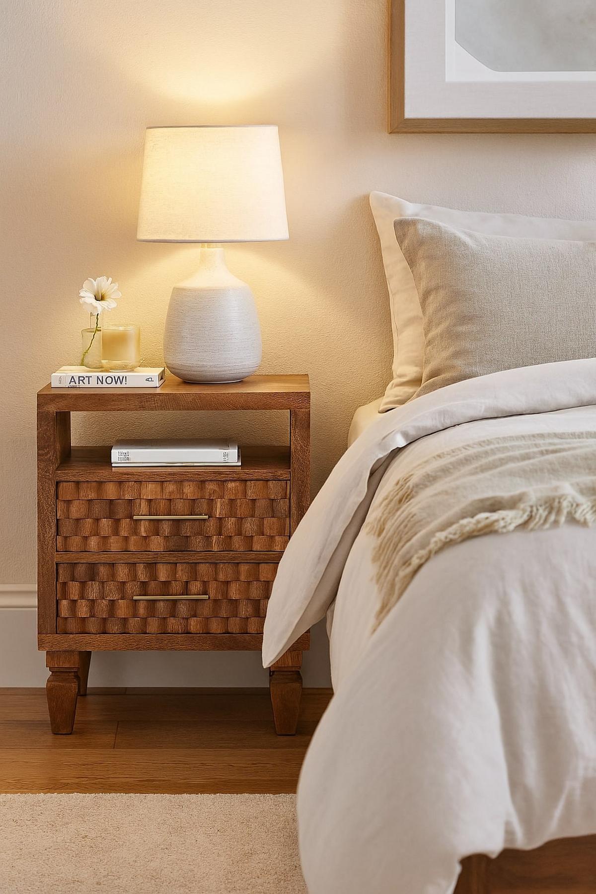 NACHTKASTEN Arno in Goldenem Teak, 2 Schubladen und Offenes Regal, Hellbraun - Messingfarben/Braun, Holz/Metall (45/60/35cm) - Artisan Furniture