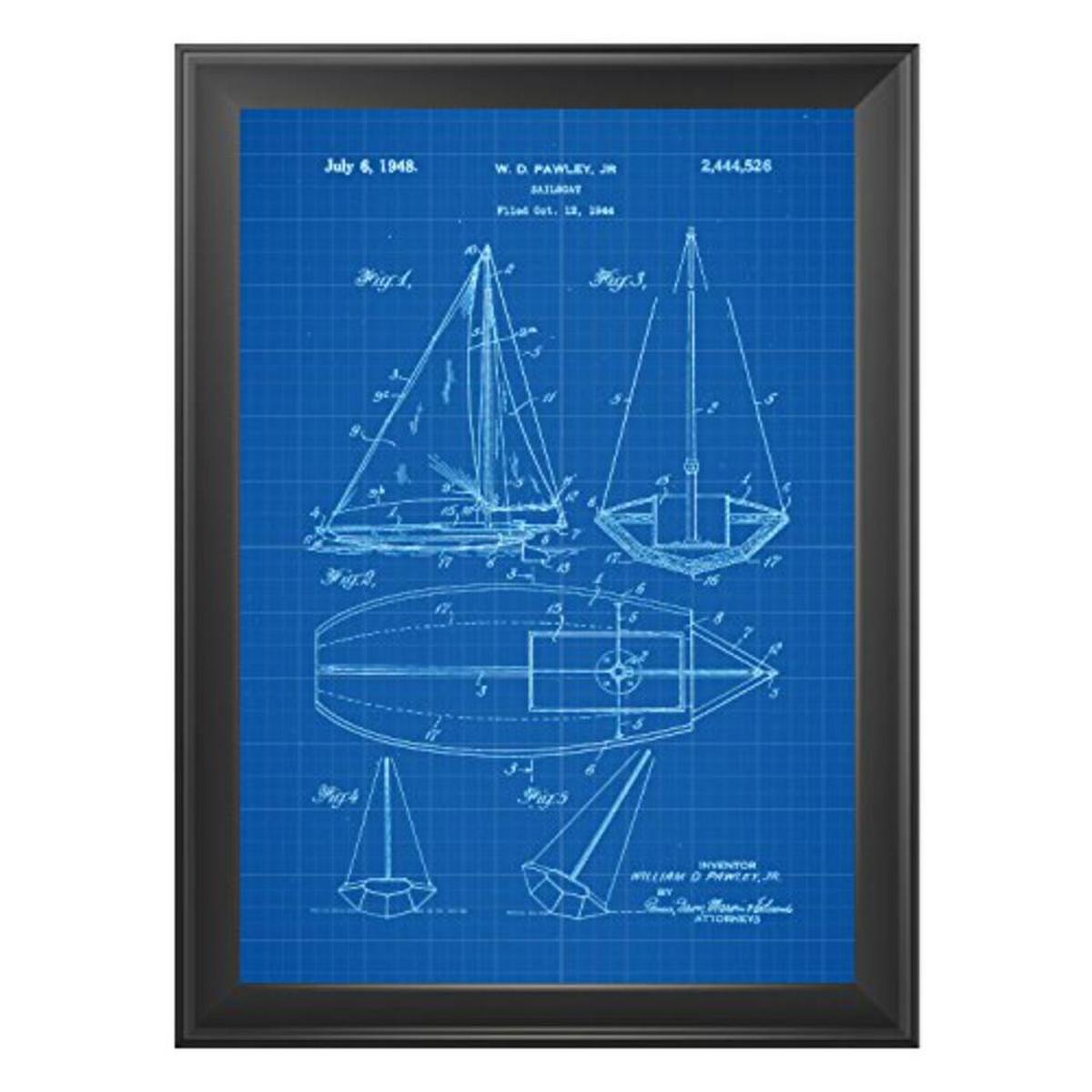 POSTER Set mit 4 Blau Patenten Booten A4 Schwarzer Rahmen - Schwarz, Papier (29.7/3cm) - Nacnic
