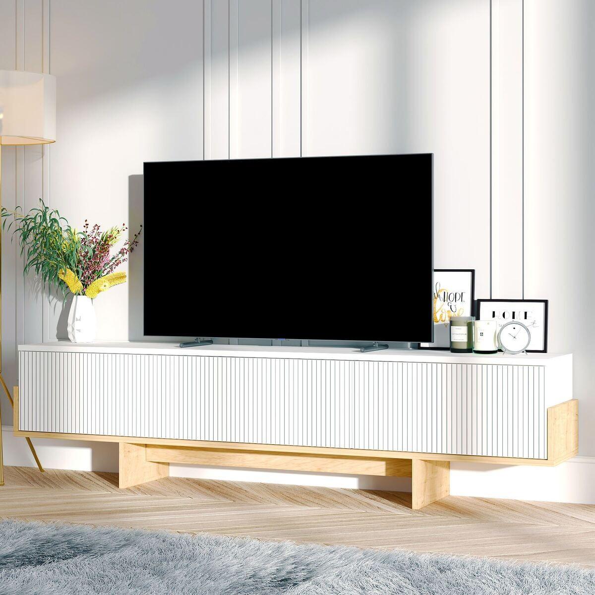 TV-MÖBEL mit 3 abklappbaren Türen gestreift 30/180/44,6 cm - Weiß, Holzwerkstoff (30/44.6/35cm) - Calicosy