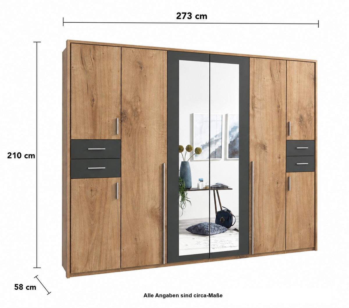 DREHTÜRENSCHRANK B273/H210/T58 cm, Eiche Dekor mit Absetzungen in Grafit, Kleiderschrank mit Passepartout & 2 Spiegeltüren & Schubkästen / 22576 - Eichefarben/Silberfarben, Holzwerkstoff/Kunststoff (273/210/58cm) - luma-home