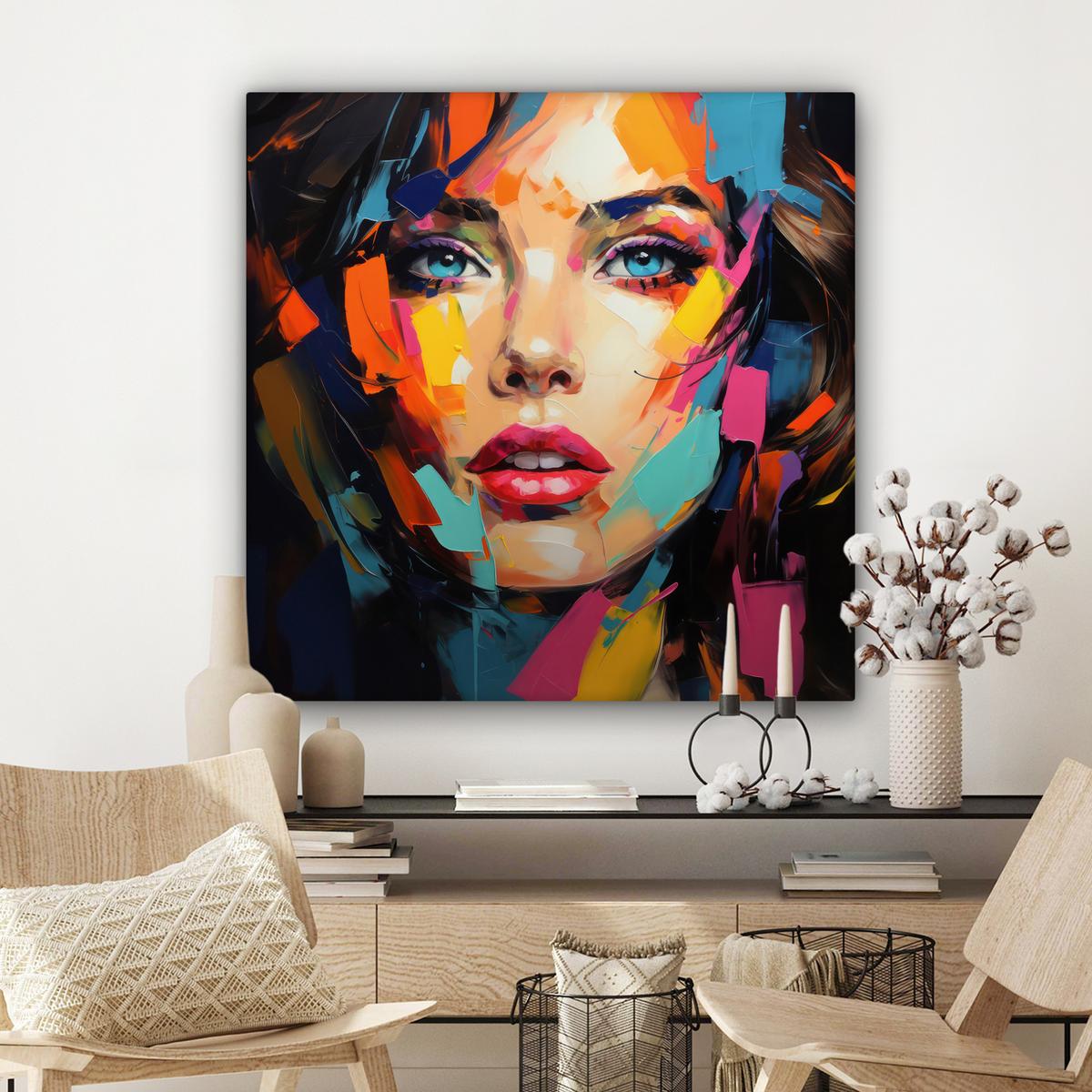 LEINWANDBILD Frau - Porträt - Farbenfroh - Kunst Deko Groß 90x90 cm - Multicolor, Textil (90/90cm) - MuchoWow