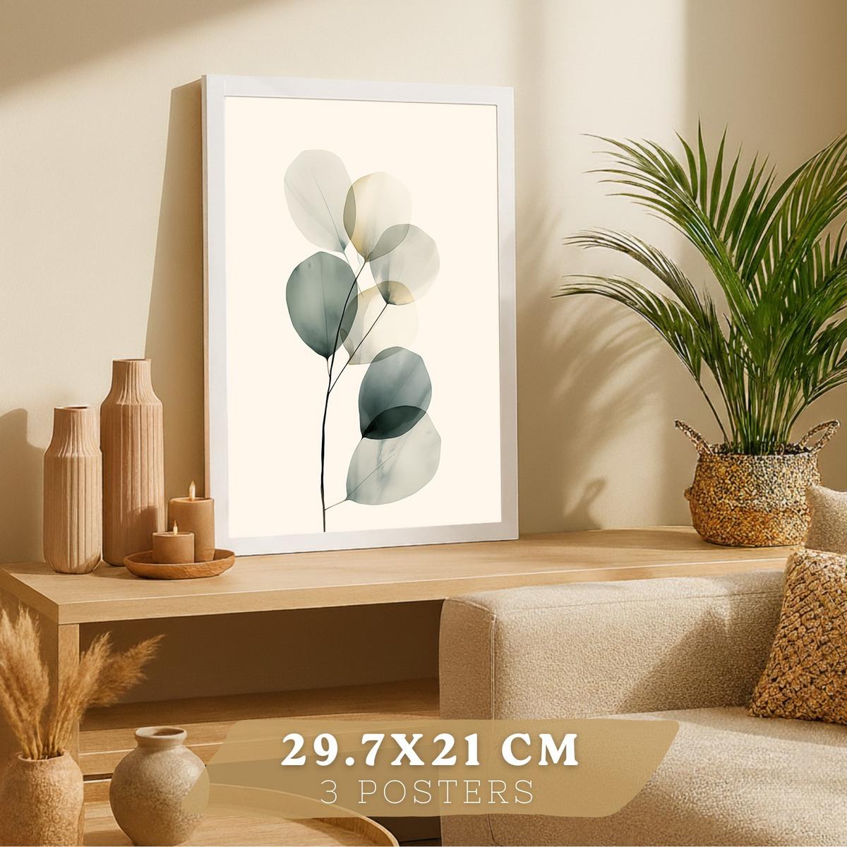 POSTER 3er Bilder-Set Wandbilder Pflanzen Minimalistisch modern Wohnzimmer Deko, Schlafzimmer, Küche, Badezimmer Weißer Rahmen A3 - Weiß, Papier (29.7/1/42cm) - Nacnic