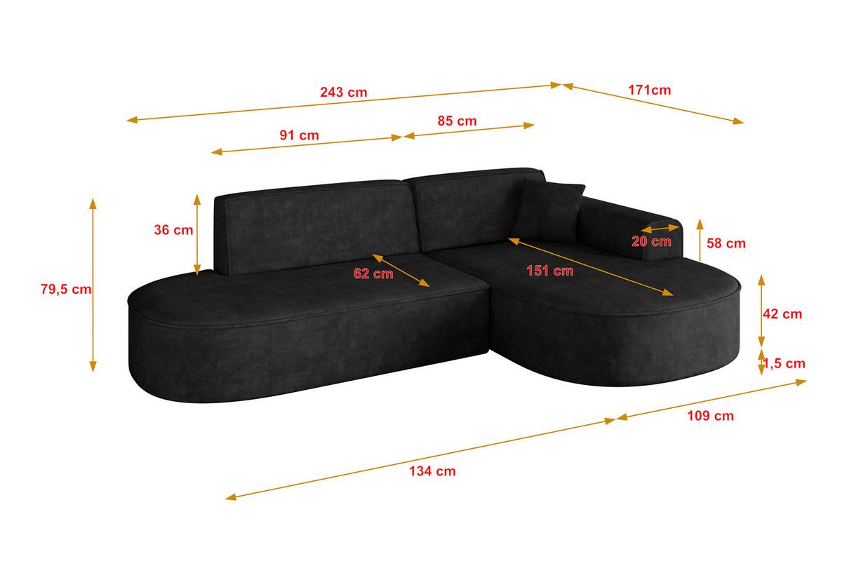 ECKSOFA Ottomane Rechts MARI-L1 - 243x171x79 cm Schwarz Velours - Schwarz, Holzwerkstoff/Kunststoff (171/243cm) - ALTDECOR