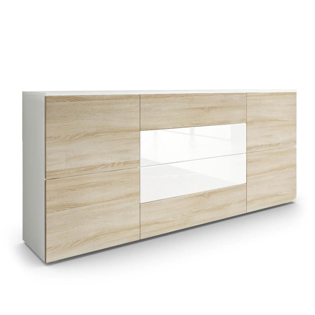 SIDEBOARD Rova Eiche sägerau/ Weiß Hochglanz - Eiche San Remo, Holzwerkstoff (166/72/35cm) - Vladon