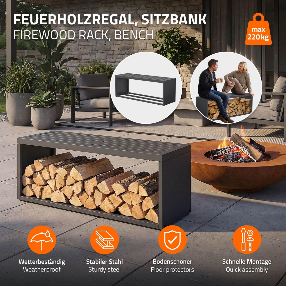 KAMINHOLZREGAL Innen/Aussen mit Sitzbank Metall Brennholzregal Anthrazit 120x38x43 cm Stahl Verzinkt Schlicht - Anthrazit, Metall (120/43/38cm) - ML-DESIGN