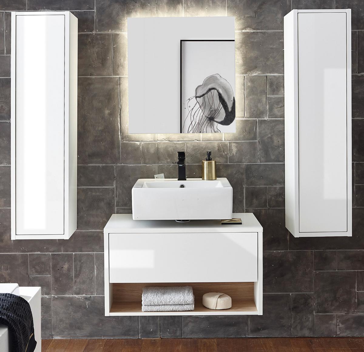 BADMÖBEL-SET 4-teilig weiß Hochglanz, Eiche 160 cm, Kombination mit LED Beleuchtung - Weiß Hochglanz/Eichefarben, Glas/Holzwerkstoff (160/190/46cm) - Furn.Design
