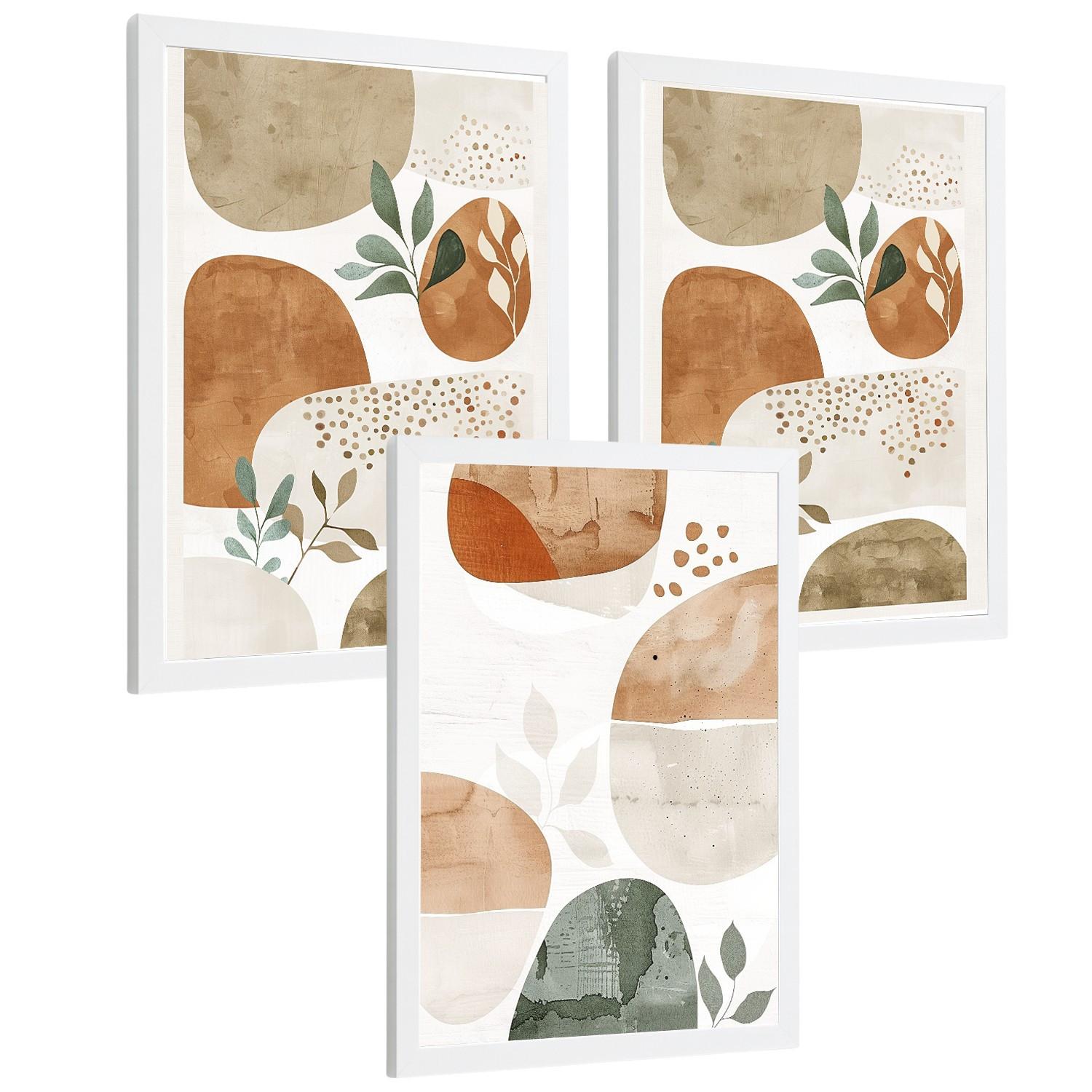 POSTER 3er Kunstdruck-Set Wandbilder Pflanzen Abstrakt Grün Braun modern Wohnzimmer Deko, Schlafzimmer, Küche, Badezimmer Weißer Rahmen A4 - Weiß, Papier (29.7/1/21cm) - Nacnic