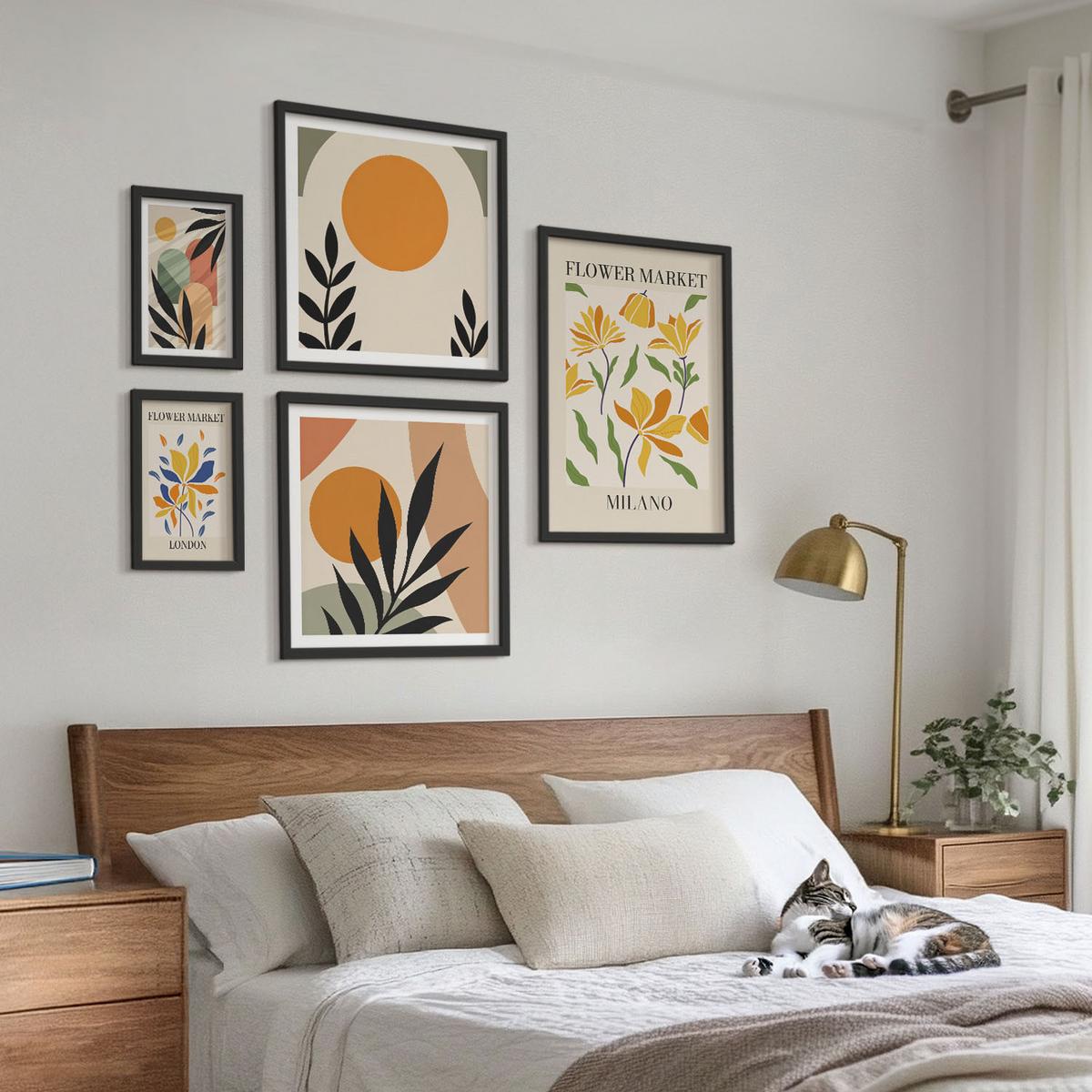 BILDER SET 5er Set - 50x50 cm & 20x30 cm & 40x60 cm Schwarzer Rahmen - Abstrakte geometrische Formen - Schwarz, Kunststoff (40/60cm) - TULUP