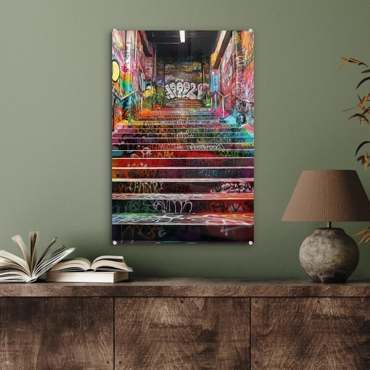 ACRYLGLASBILD Treppe - Graffiti - Farben - Kunst Wanddeko Wohnzimmer 40x60 cm - Multicolor, Glas (40/60cm) - MuchoWow