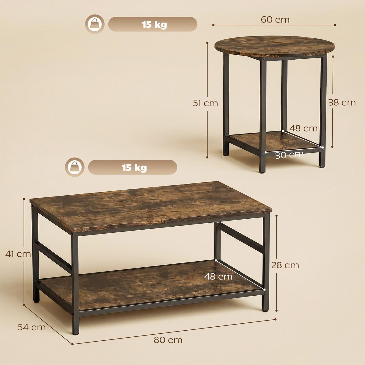 COUCHTISCH 2er Set Stahl Holzwerkstoff Rustikal-Braun - Schwarz/Braun, Holzwerkstoff (80/54/41cm) - HOMCOM